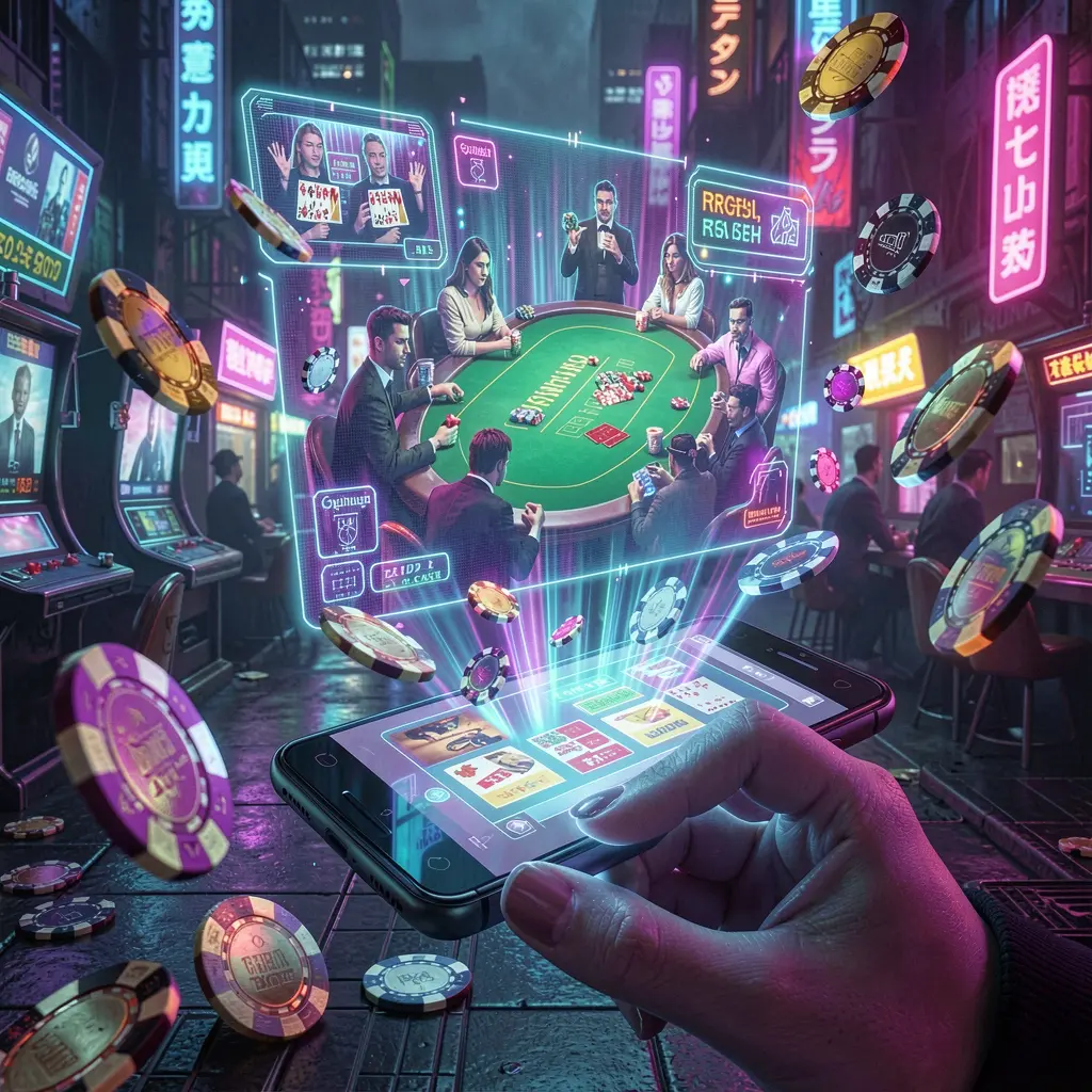 Futuristic casino app interface with glowing chips and holographic game elements floating above a smartphone showcasing JDBJL in the Philippines