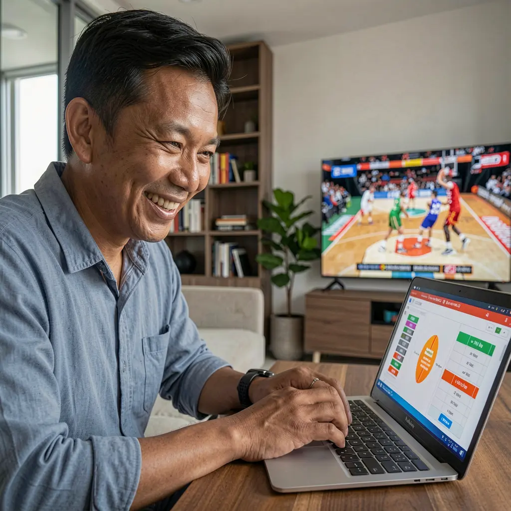 Philippine player enjoying online sports betting on a laptop with live basketball action on TV using the JDBJL betting platform