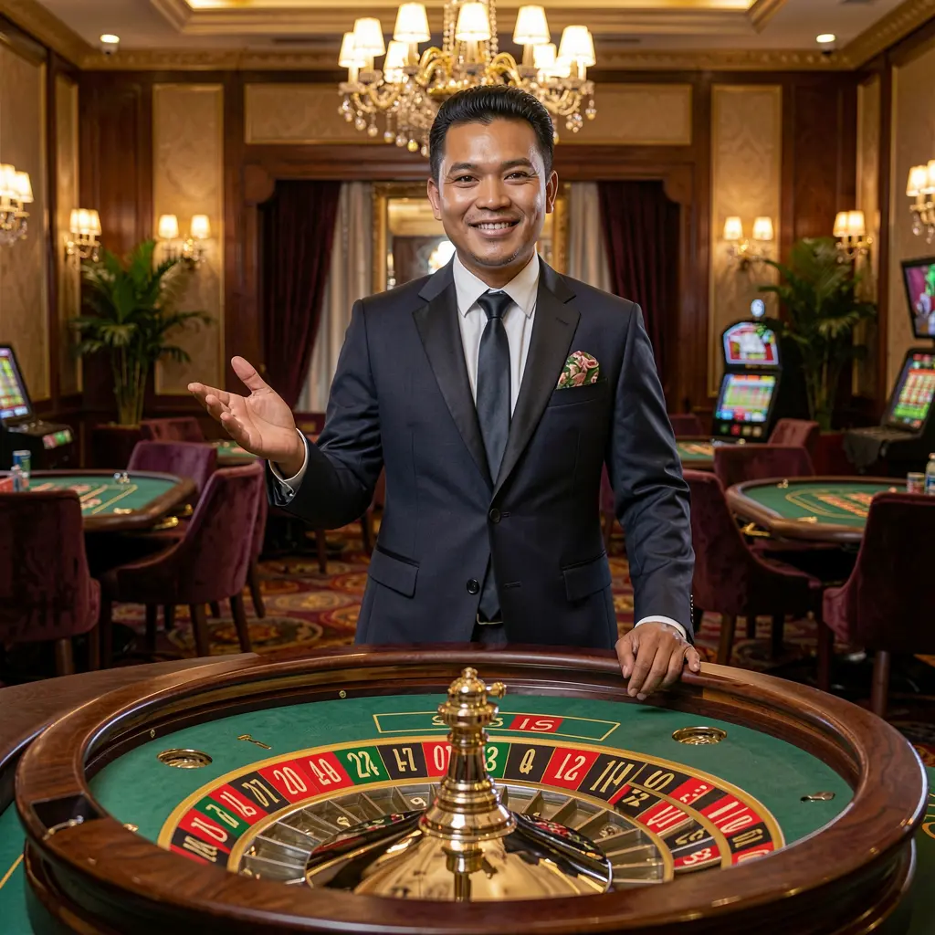 Professional JDBJL live dealer standing at a roulette table with a welcoming gesture in a modern casino studio designed for players in the Philippines