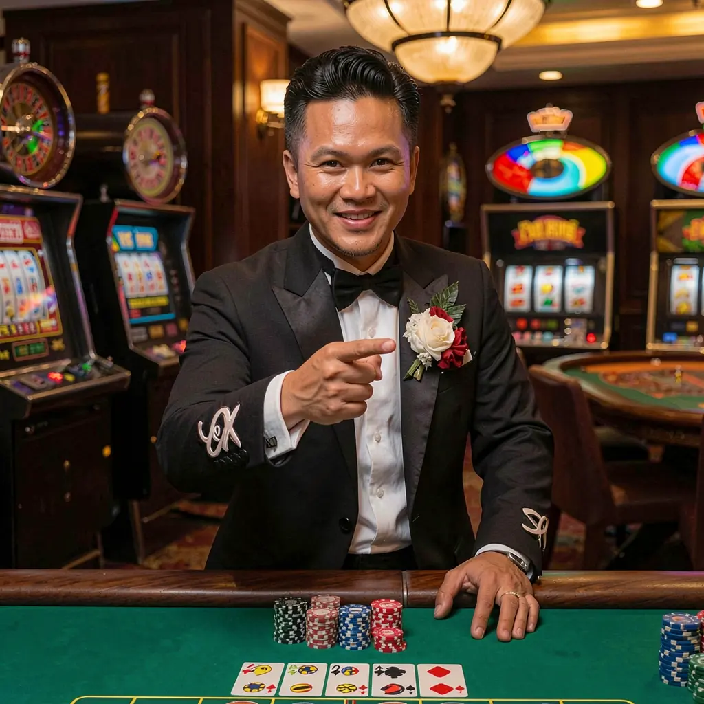 Friendly Filipino casino host smiling and pointing forward inside a modern JDBJL casino environment with slot machines and gaming tables behind him