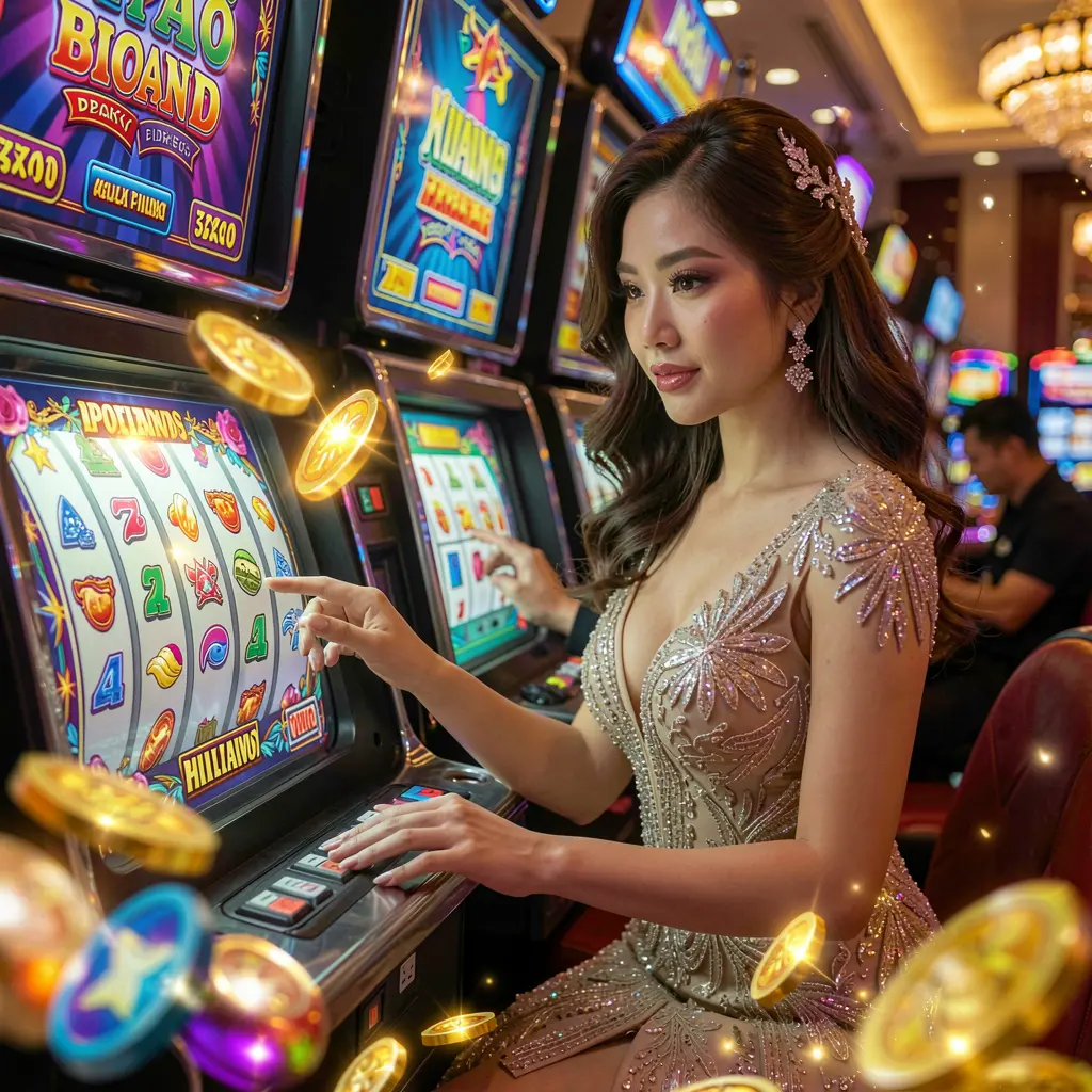 Confident casino player surrounded by glowing slot symbols and lights representing premium slot entertainment at JDBJL in the Philippines